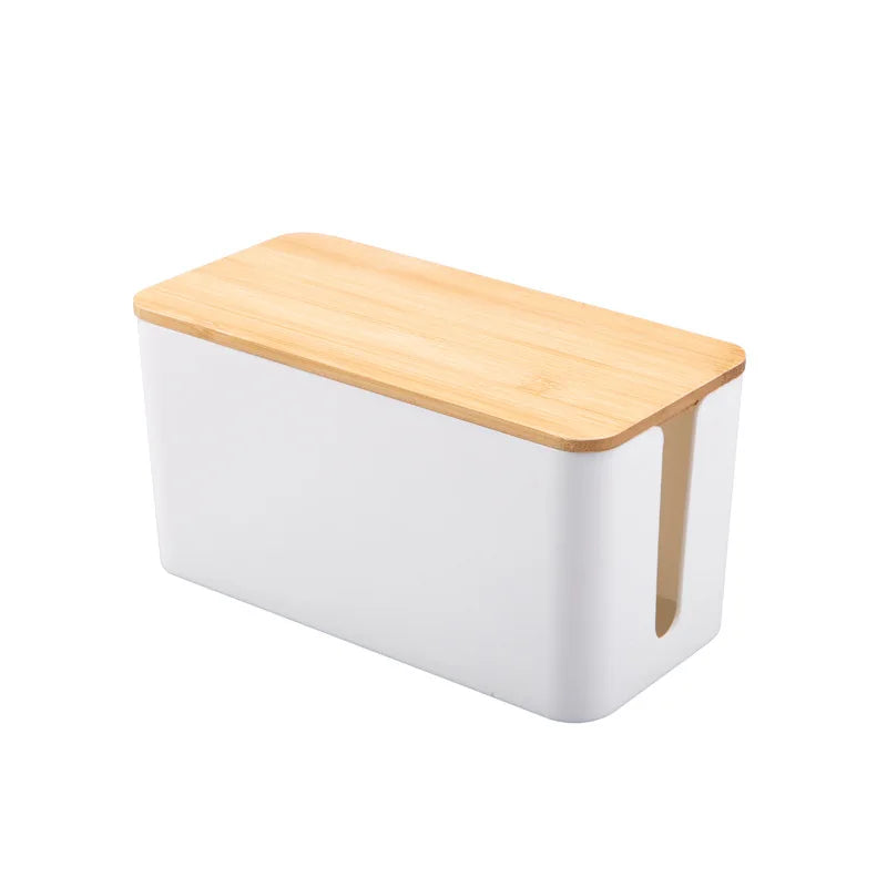 Bamboo Lid Cable Management Box for Desk & Nightstand Organization