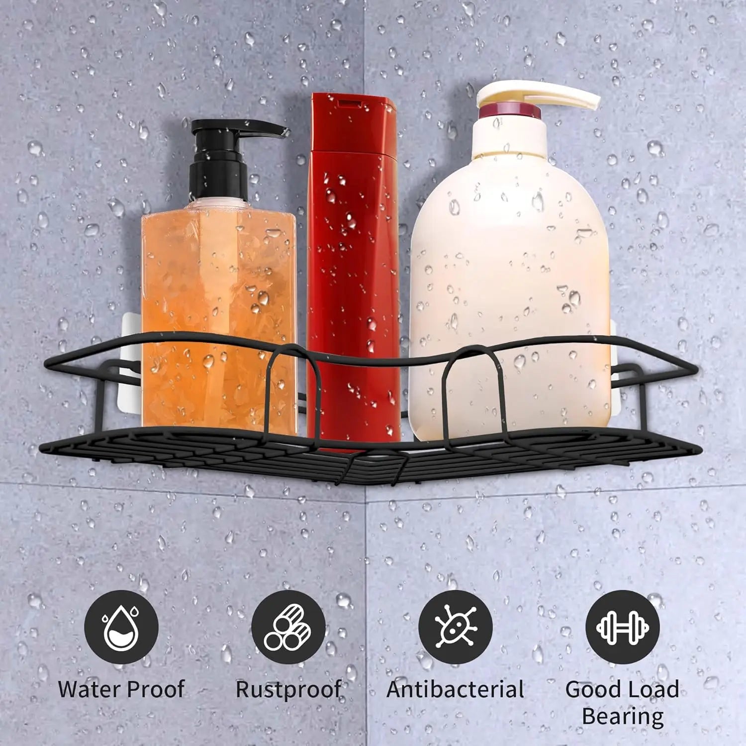 Close-up of black corner shelf mounted on tile wall with water droplets, holding bottles