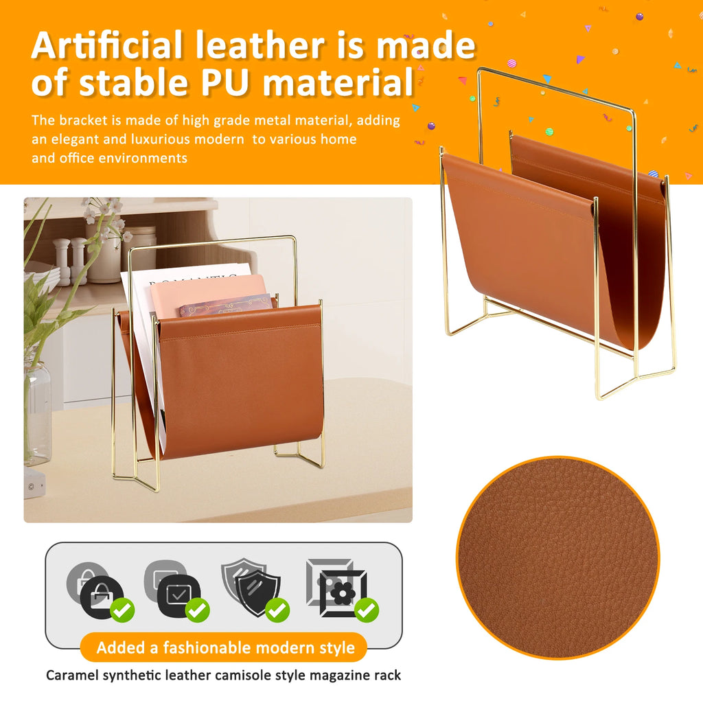 Close-up of artificial leather and gold frame magazine rack, with caramel brown finish detail