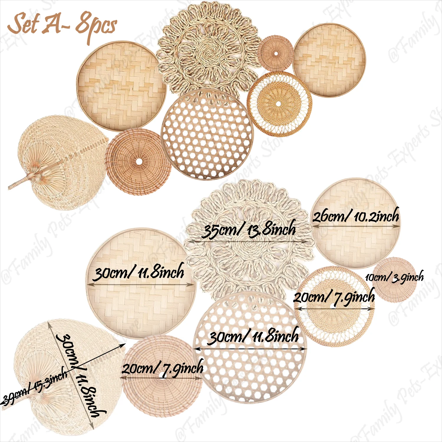 Arden Boho Woven Wall Basket Set – Natural Rattan Wall Decor, Set of 8