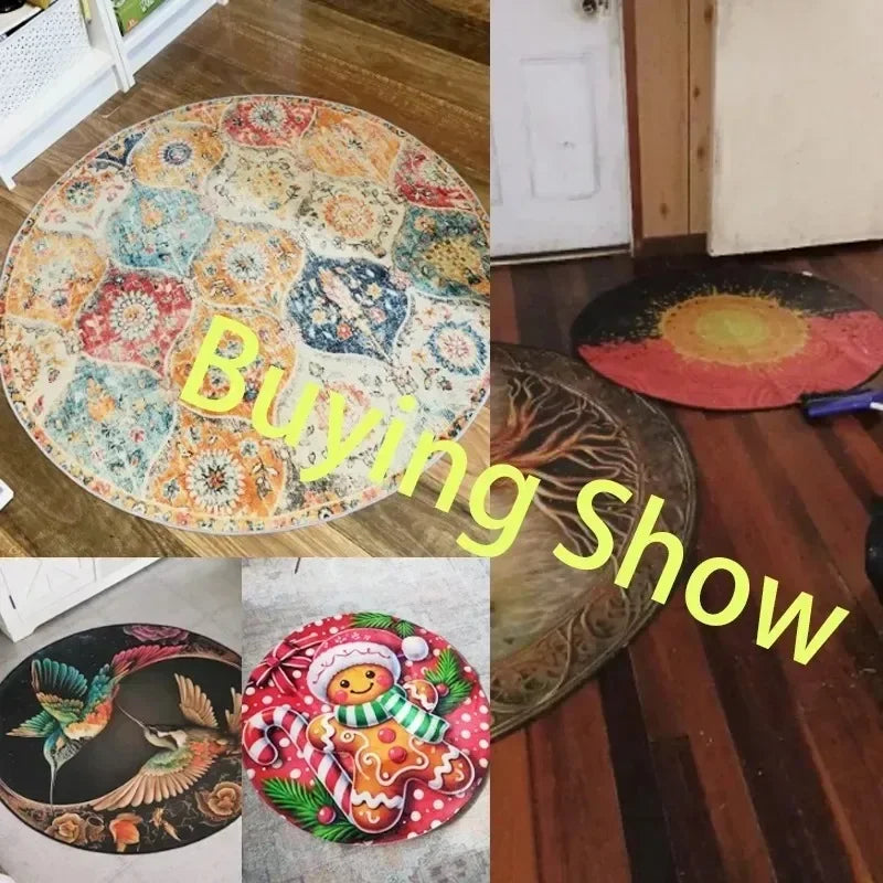 Collage showcasing various round rugs in home settings