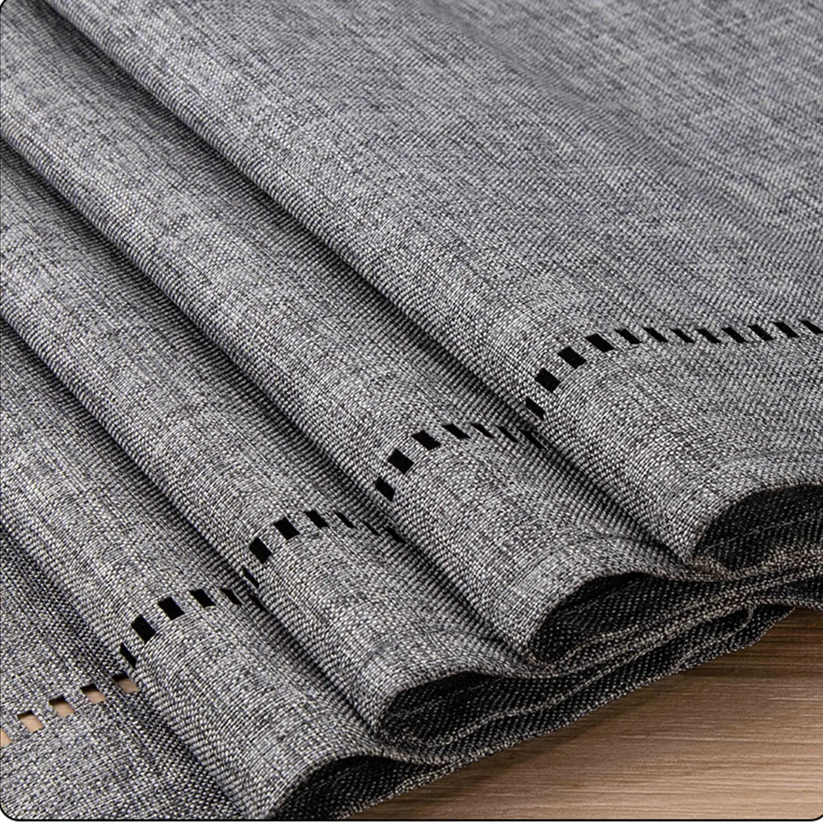 close-up of gray woven texture on linen table runner