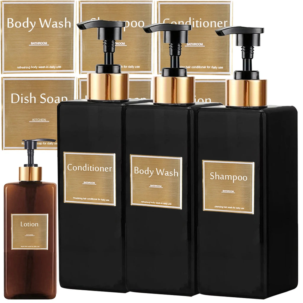 Refillable black and brown soap dispenser bottles with gold accent labels