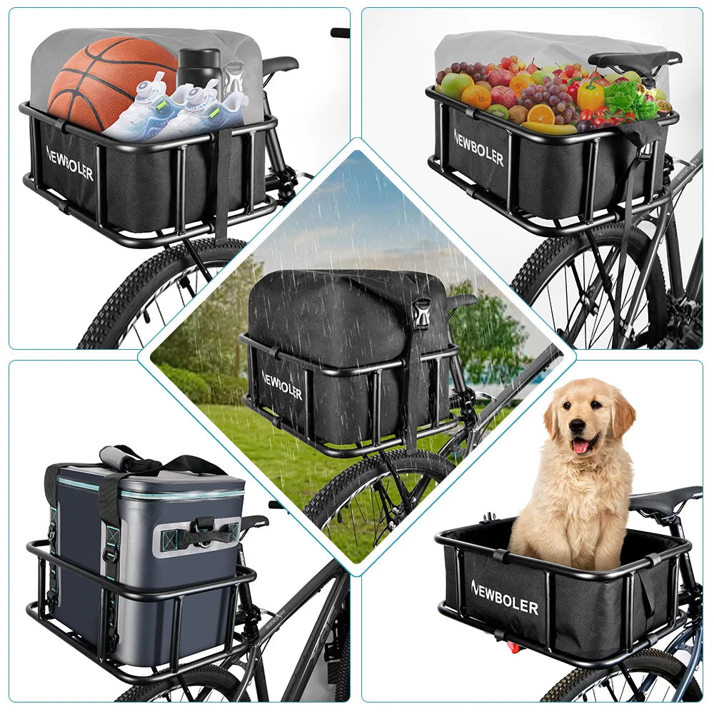 Collage of uses for rear bike basket: carrying basketball gear, groceries, during rain, and a small dog