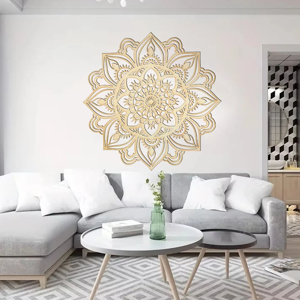 Large mandala metal wall art shown as a statement above a modern white sofa