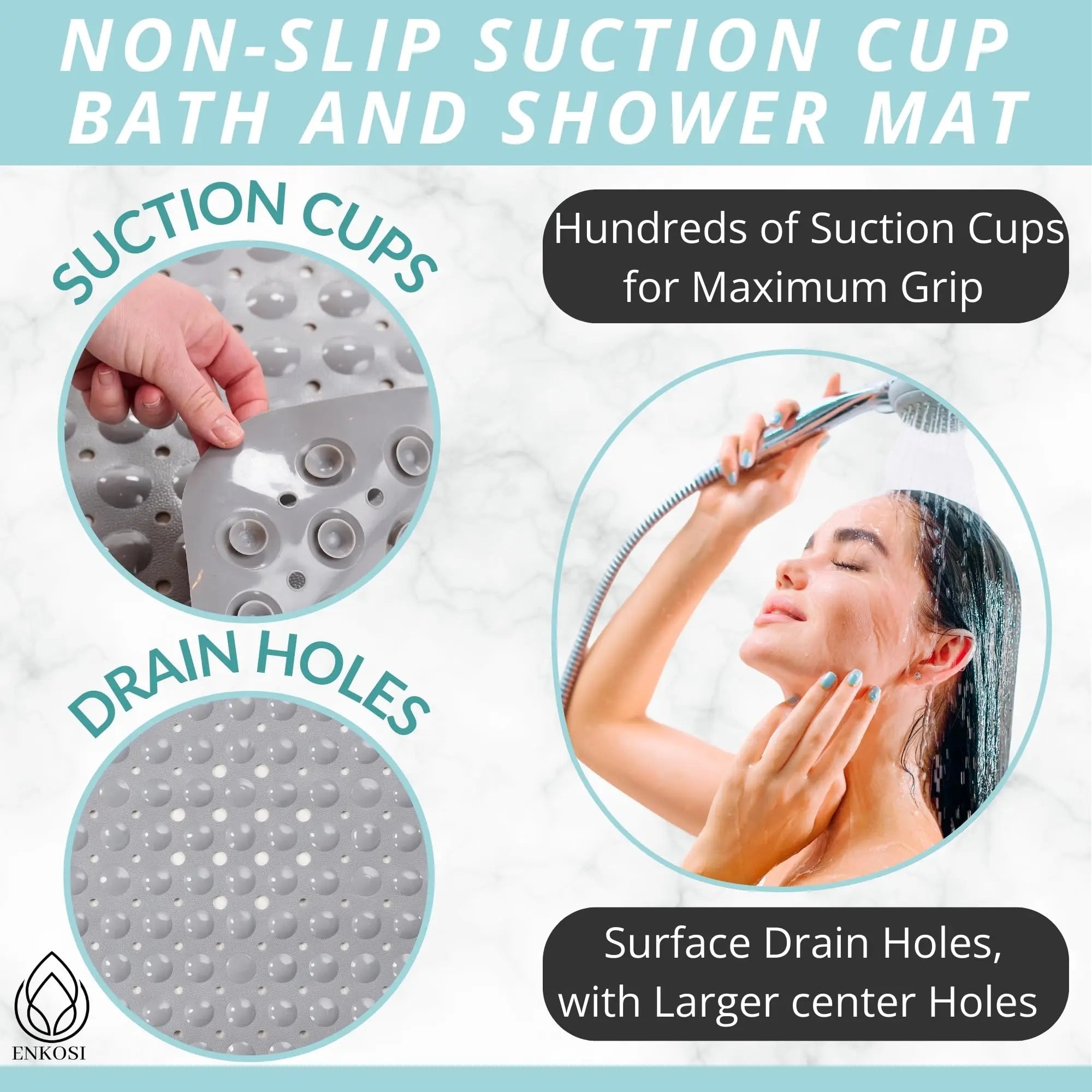 Close-up graphic of non-slip bath mat features, including suction cups and drain holes for bathrooms.