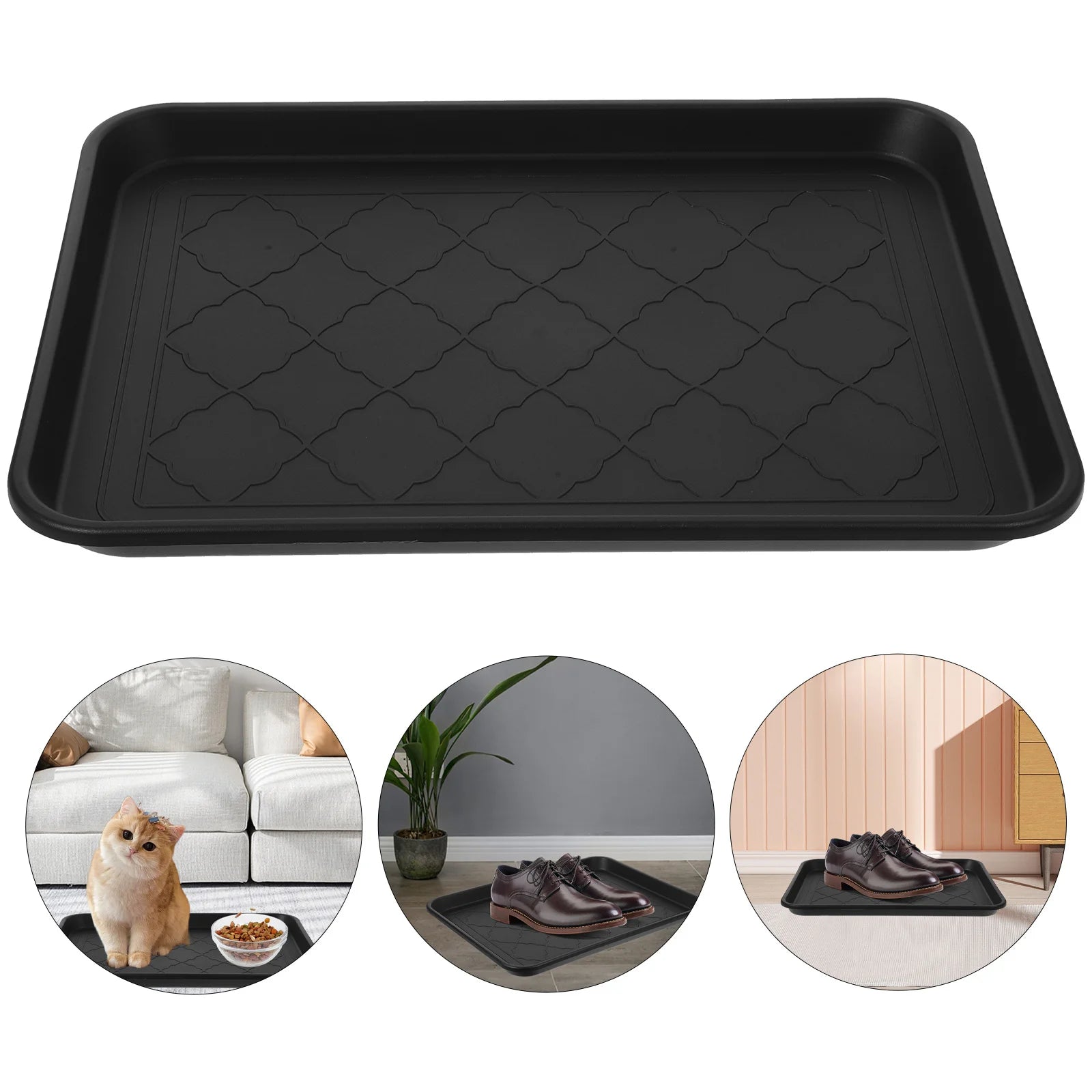 Black plastic boot tray close-up with insets showing uses for shoes and pet bowls