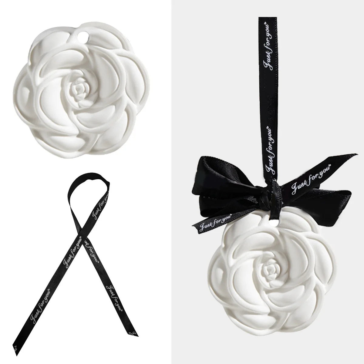 Camellia-shaped ceramic fragrance diffuser pendant with black ribbon
