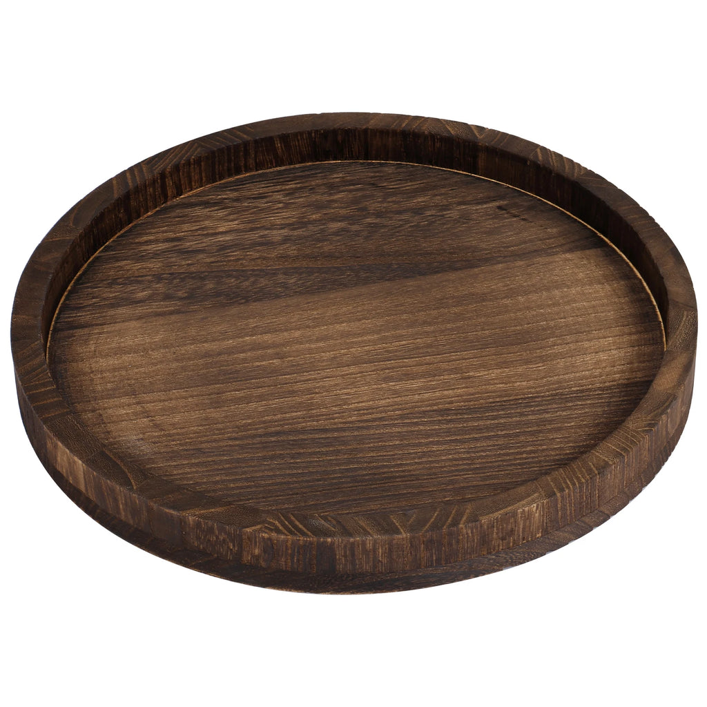 Dark brown round wooden tray with raised edge, empty, tabletop organizer