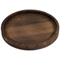 Dark brown round wooden tray with raised edge, empty, tabletop organizer