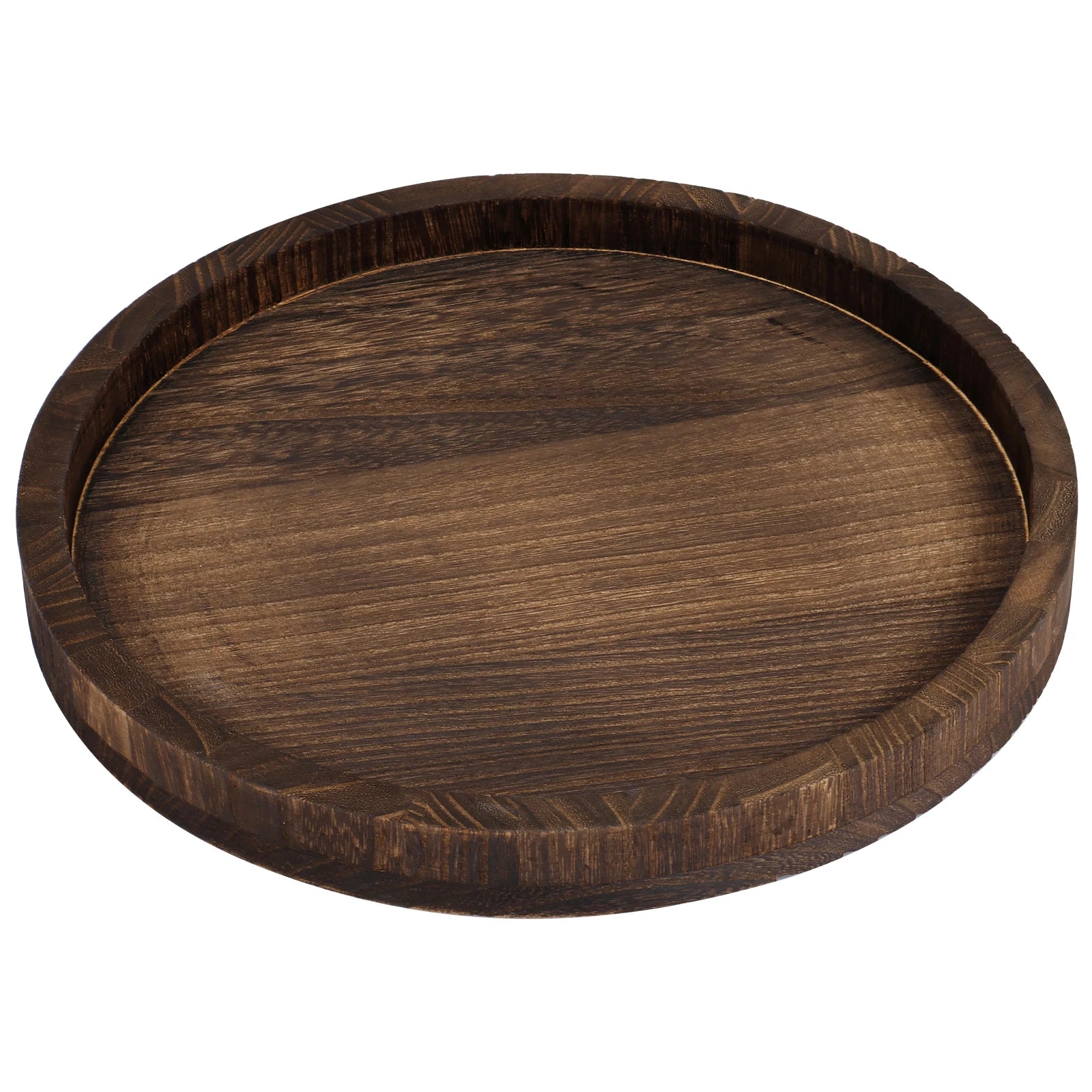 Dark brown round wooden tray with raised edge, empty, tabletop organizer