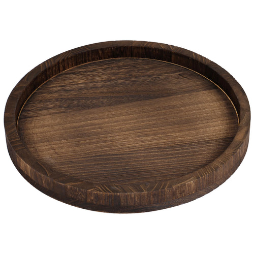 Dark brown round wooden tray with raised edge, empty, tabletop organizer