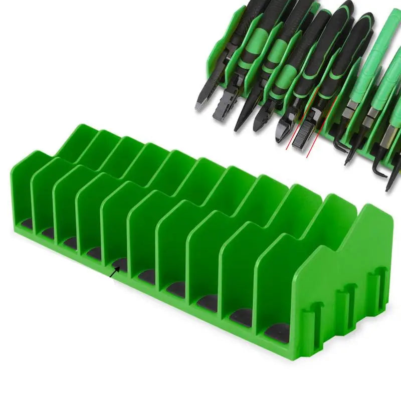 Green pliers organizer rack with slots, shown holding assorted pliers.