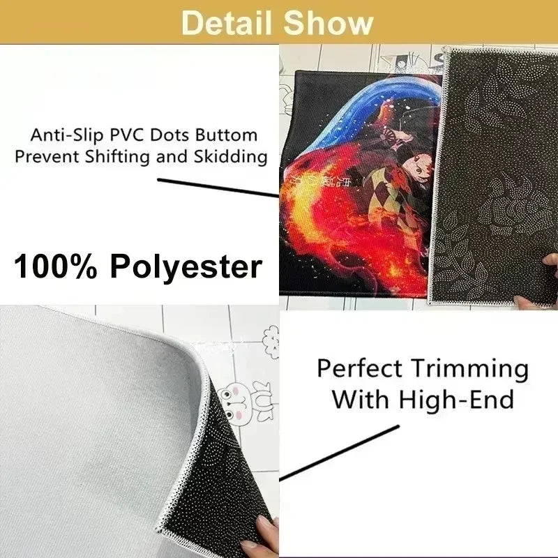 close-up of rug's anti-slip PVC dots backing and 100% polyester surface