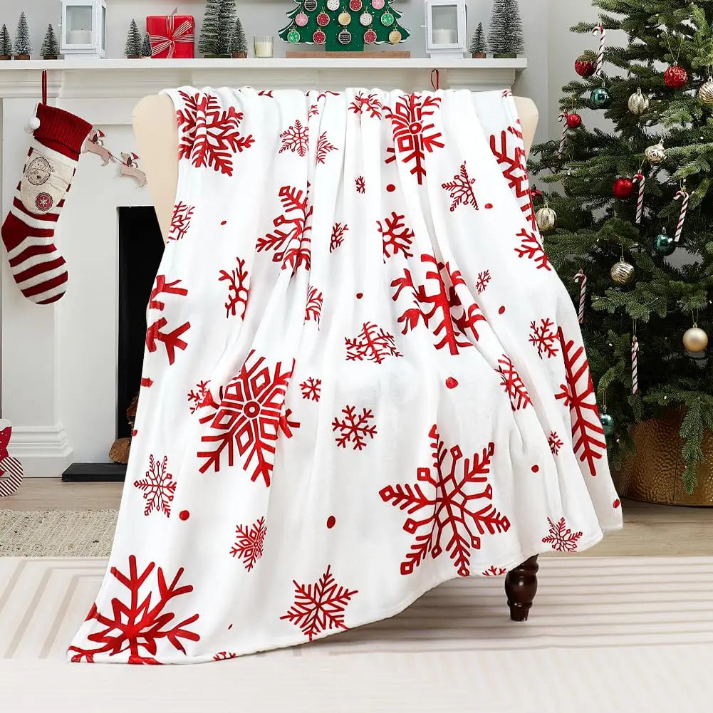 Winter Red Snowflake Flannel Fleece Throw Blanket for Sofa & Bed, Soft Holiday Decor