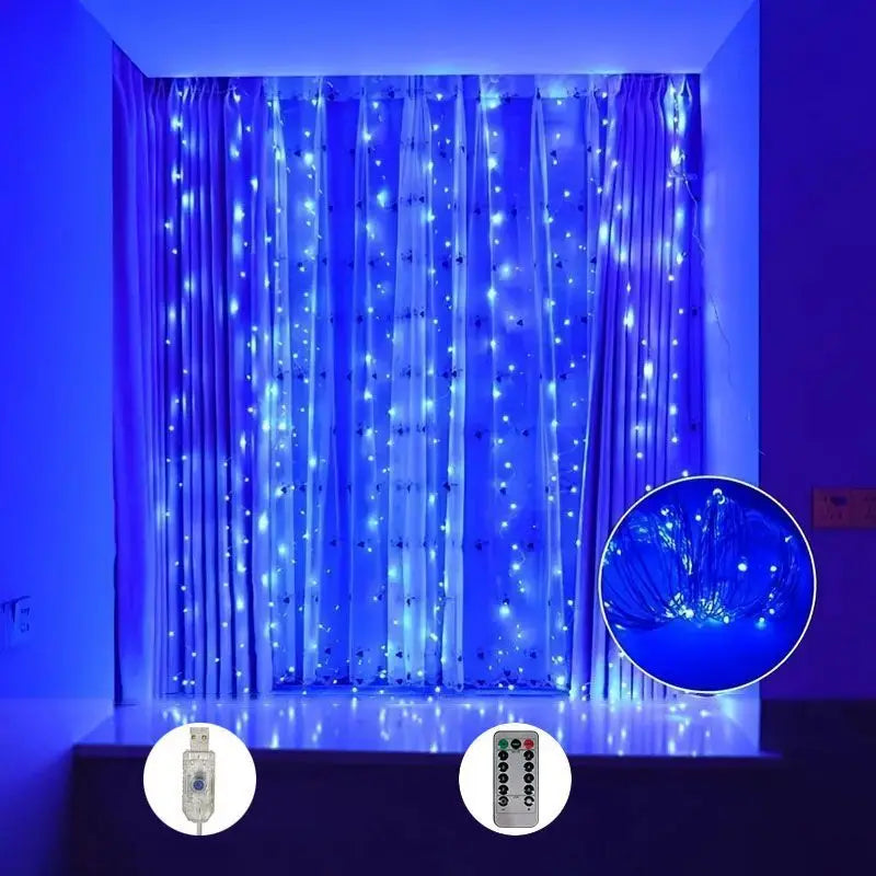 Blue curtain fairy string lights adding a cool glow to a window area