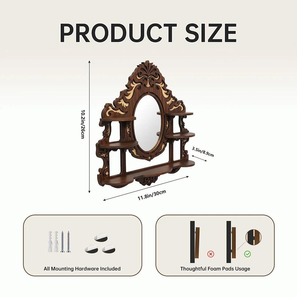 Marston Gothic Mirror Shelf – Wall-Mounted Wooden Display for Crystals & Decor