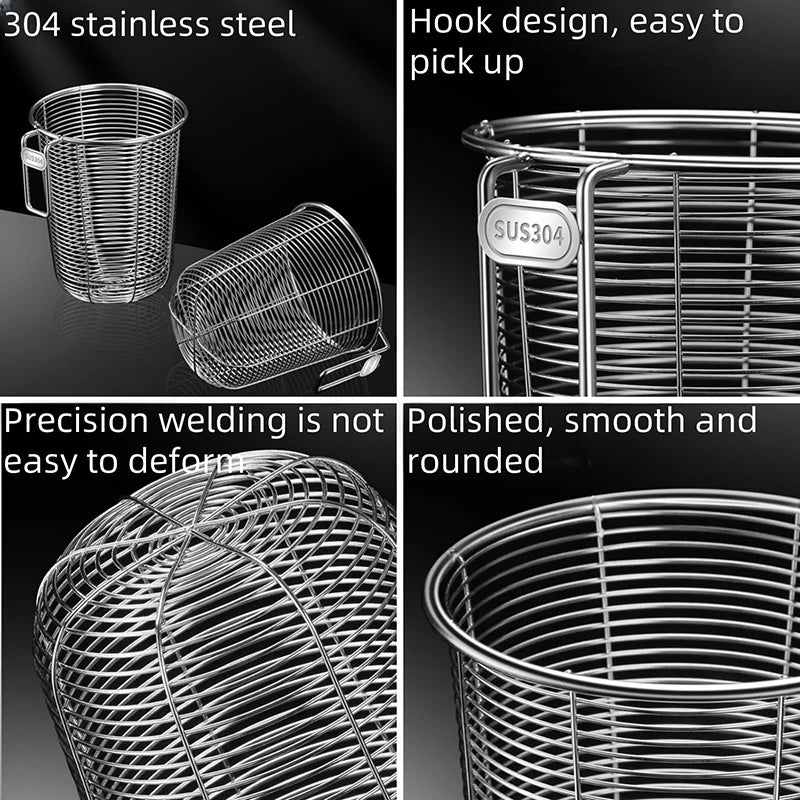 Close-up details of 304 stainless steel chopstick and utensil holder including mesh design, polished finish, and hook