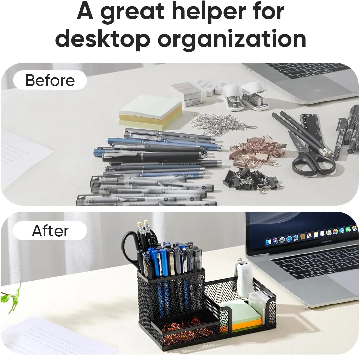 before and after desktop organization comparison with black mesh office supply caddy