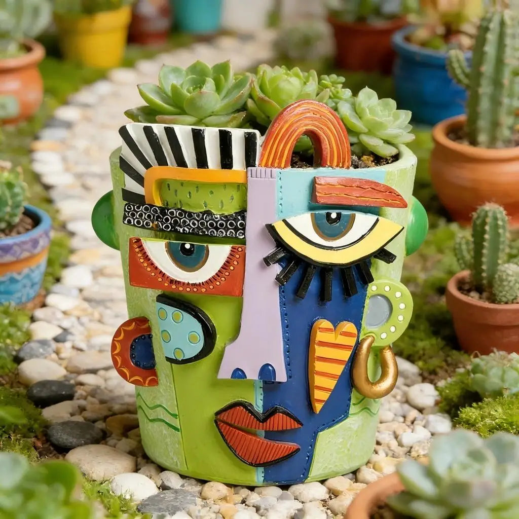 colorful abstract face resin planter filled with succulents on a garden path