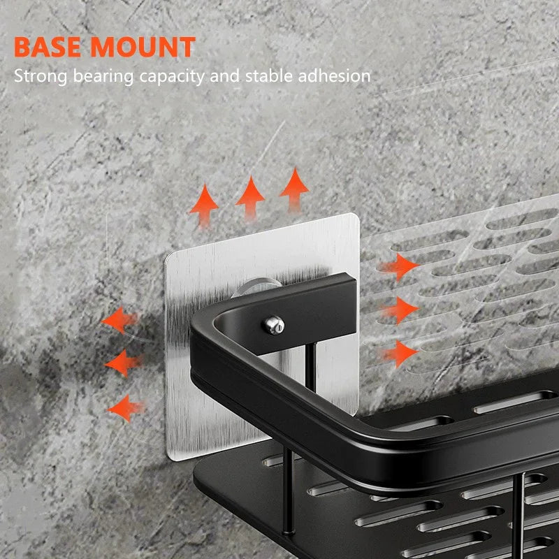Base mount of metal shelf showing adhesive pad for wall attachment