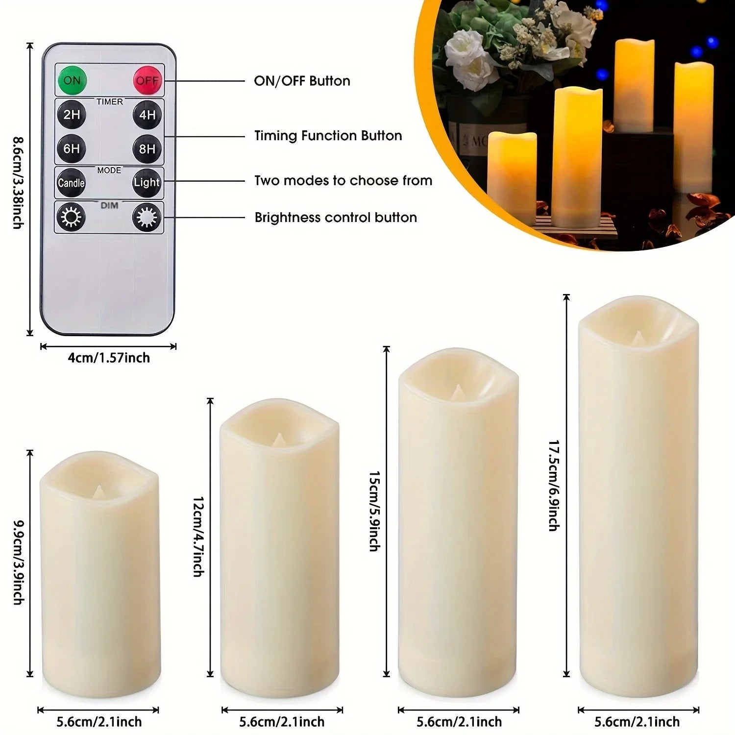 Remote control for LED candles and size chart for four different candle heights in ivory