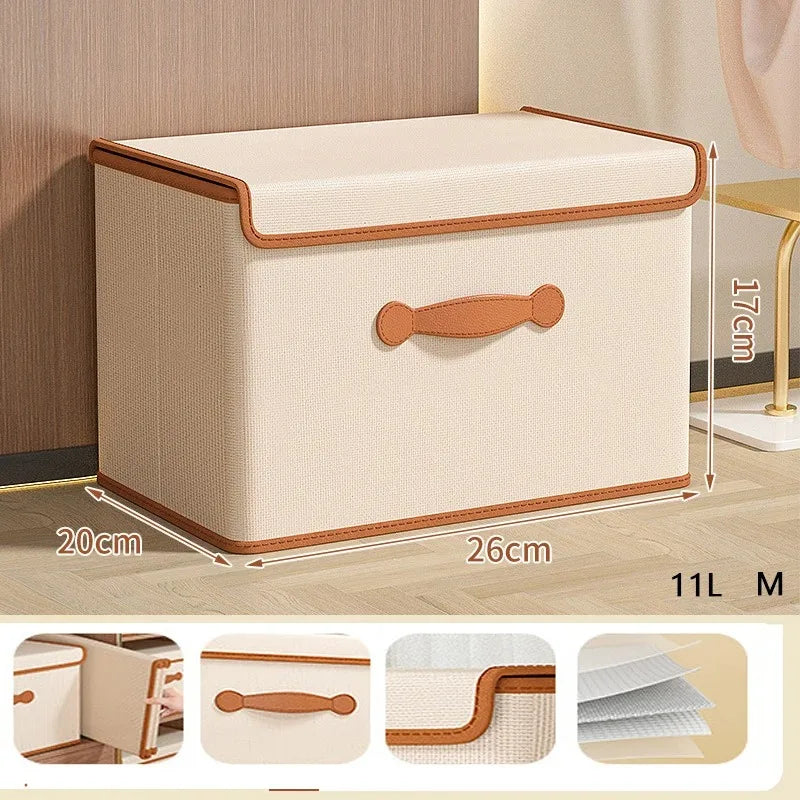 Beige Foldable Lidded Clothes Storage Box – Non-Woven Closet Organizer Bin for Wardrobe, Underwear, and Blankets