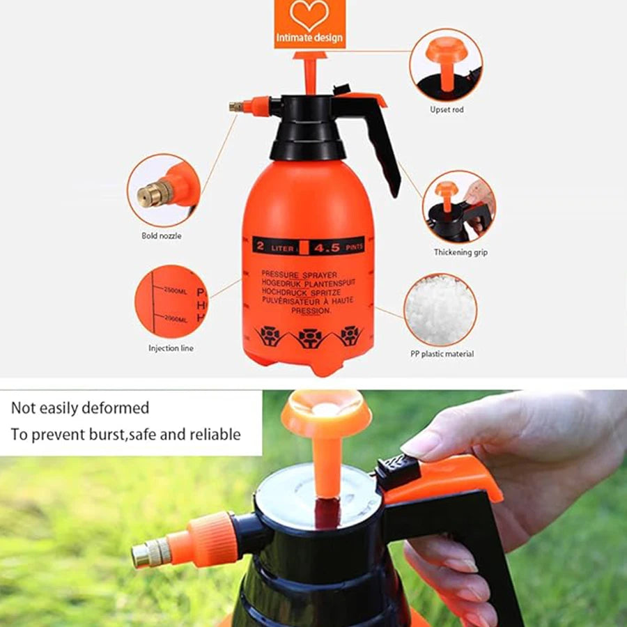 Orange plastic 2L spray bottle watering can with labeled design features including nozzle, grip, and filling line