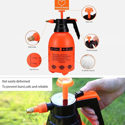 Orange plastic 2L spray bottle watering can with labeled design features including nozzle, grip, and filling line