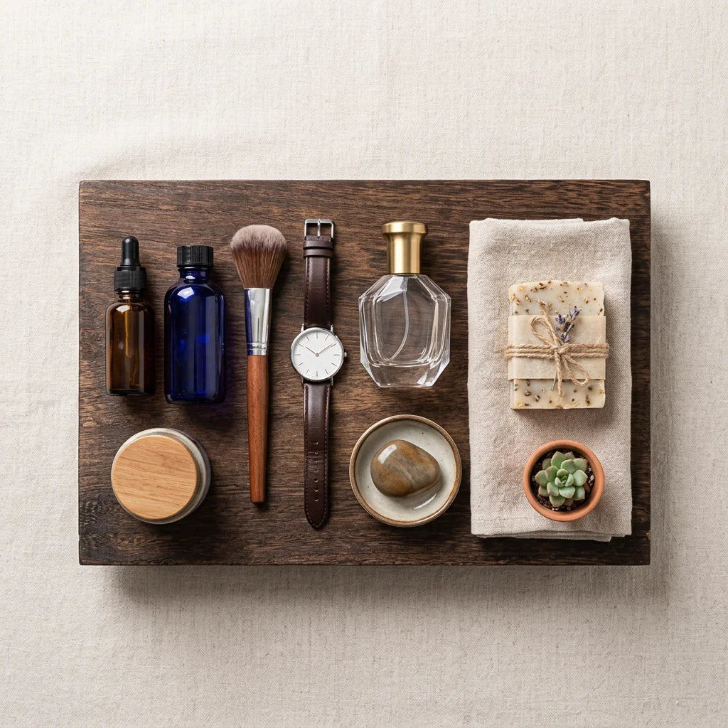 Top-down view of wooden tray with everyday essentials including bottles, brush, watch, and soap