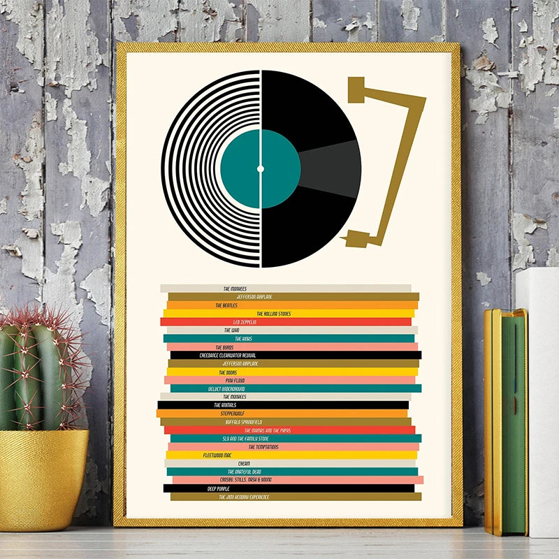 Mid-century style turntable and stacked records canvas poster displayed with vintage-inspired decor