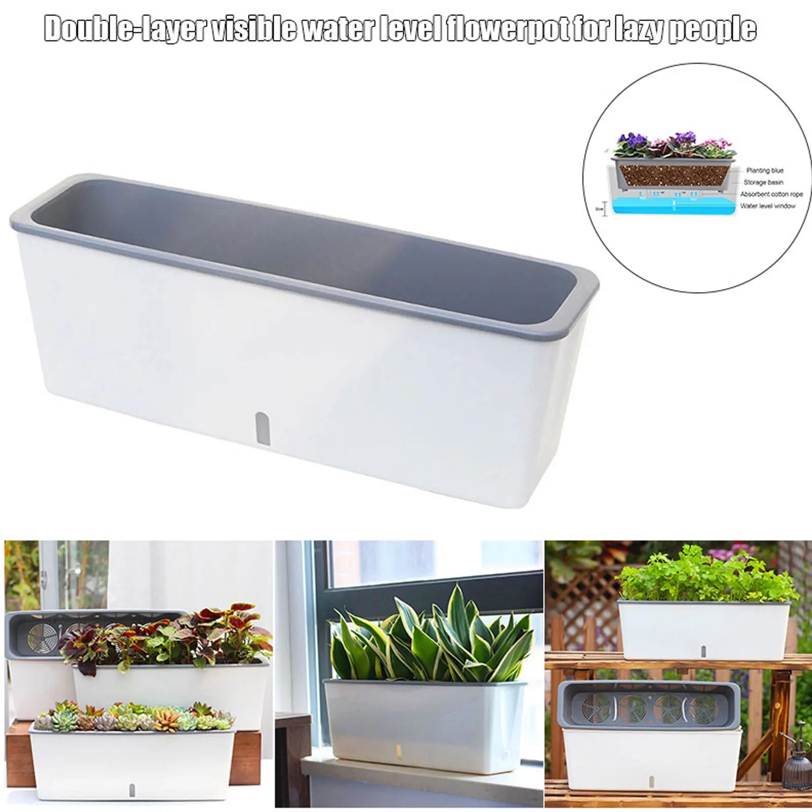 Collage of the self-watering planter box in use with different plants and a close-up of the water level window