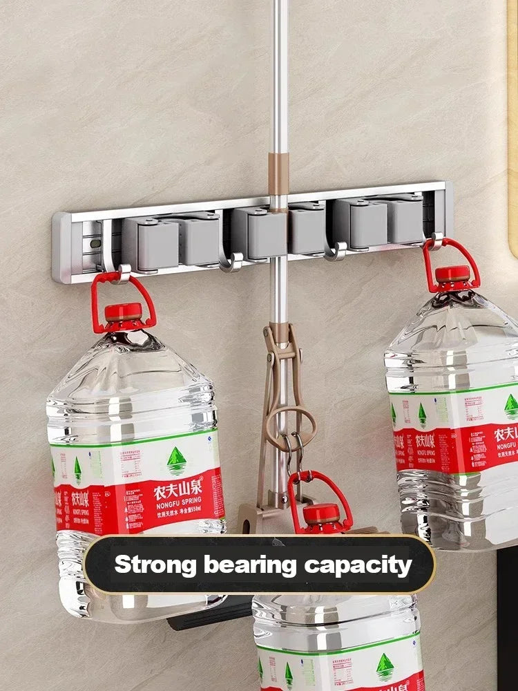 Wall-Mounted Mop & Broom Holder Rack with Adjustable Hooks
