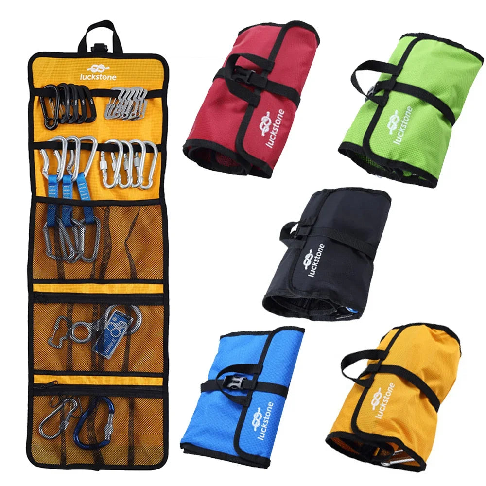 Foldable climbing gear organizer roll for carabiners in yellow, red, blue, green, and black, shown open with mesh pockets and rolled closed