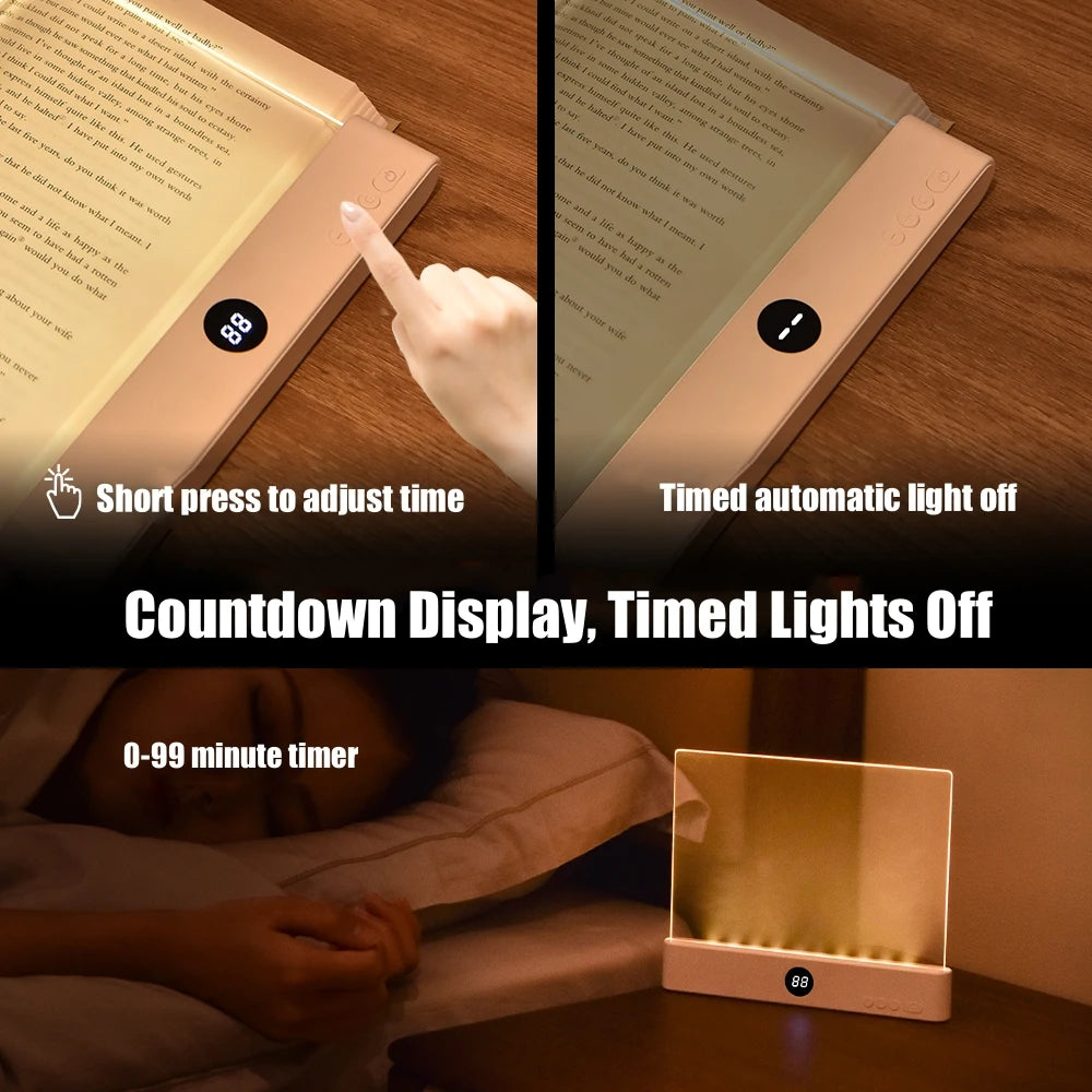 LED book light timer display with finger adjusting countdown setting and bedside usage