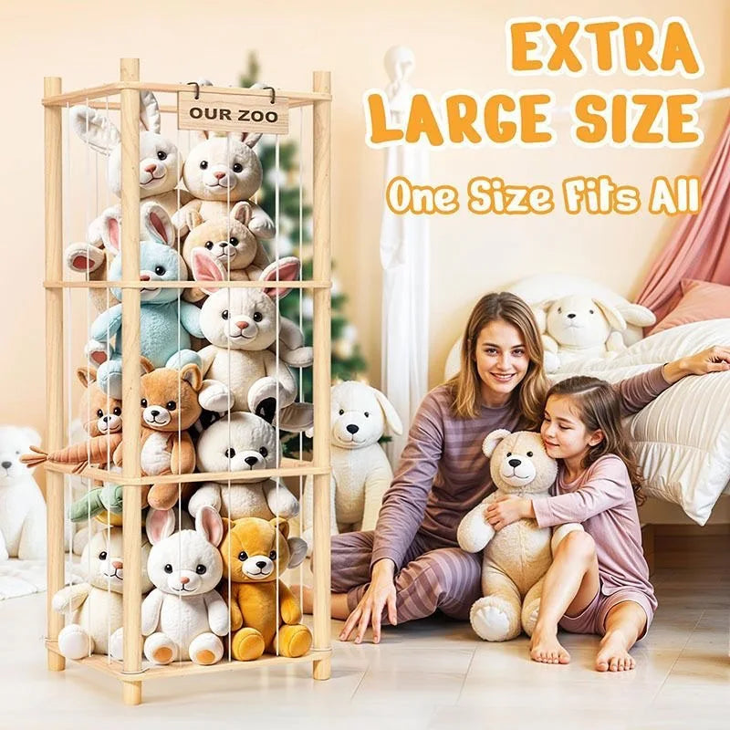 Tall wooden stuffed animal organizer filled with plush toys beside a mother and daughter in a cozy kids’ bedroom