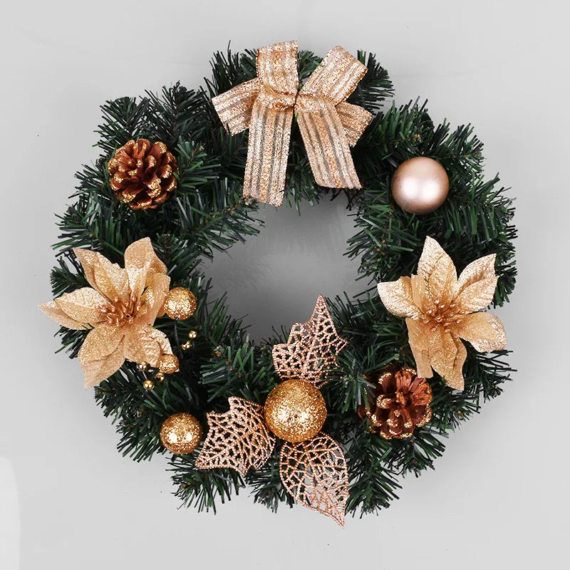 artificial gold holiday wreath with floral accents and pine cones