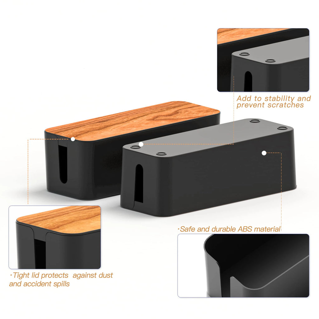 Close-up of cable box features: sturdy plastic body, wood grain lid, anti-scratch details