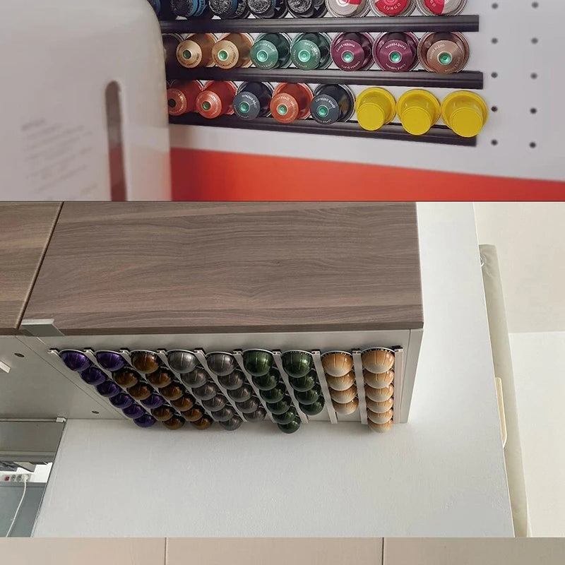 two examples of black coffee pod holder strips in use on a wall and under-cabinet, storing colorful coffee capsules
