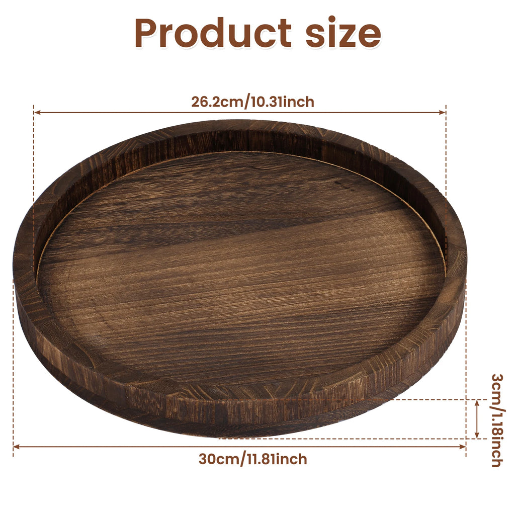 Brown wooden round tray with labeled dimensions: 30cm diameter, 3cm height