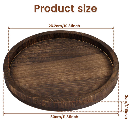 Brown wooden round tray with labeled dimensions: 30cm diameter, 3cm height