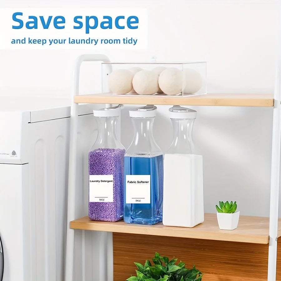 Three plastic laundry dispenser bottles organized on a wooden laundry room shelf under storage balls and next to a small plant