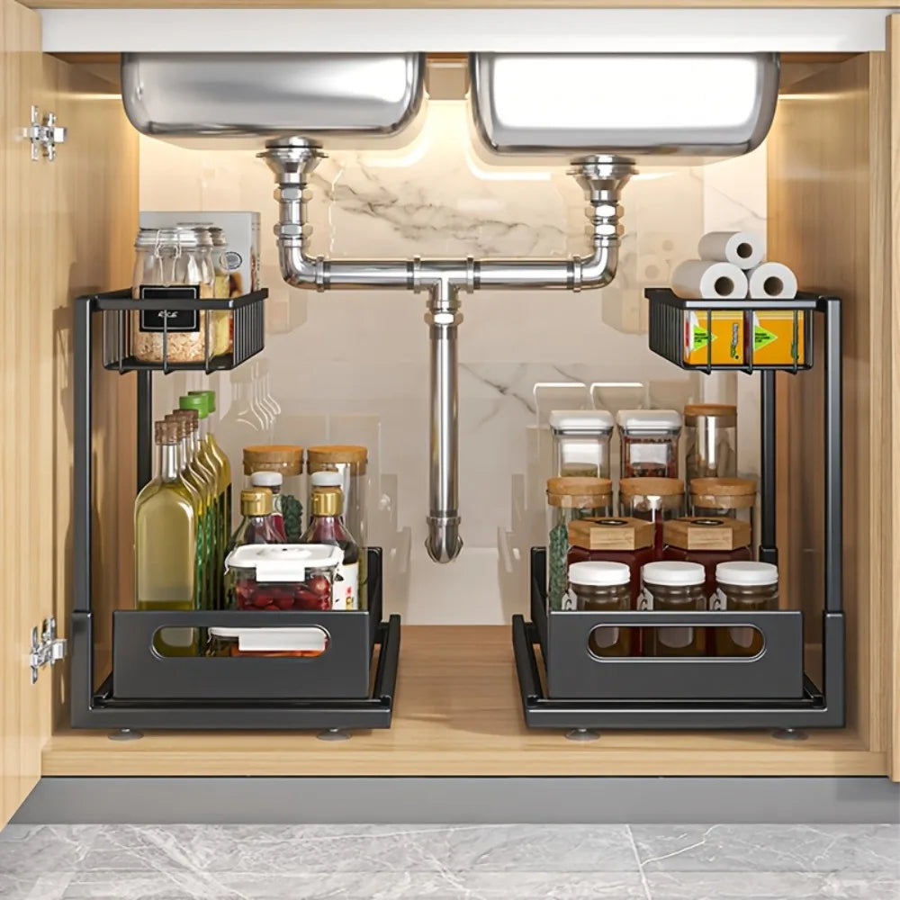 metal under sink organizer shelf in kitchen cabinet with bottles and jars stored