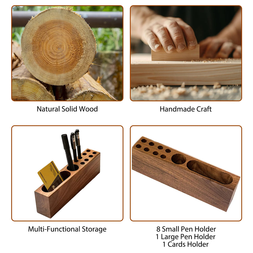 Acacia Wood Desk Pen Holder & Business Card Organizer for Home Office