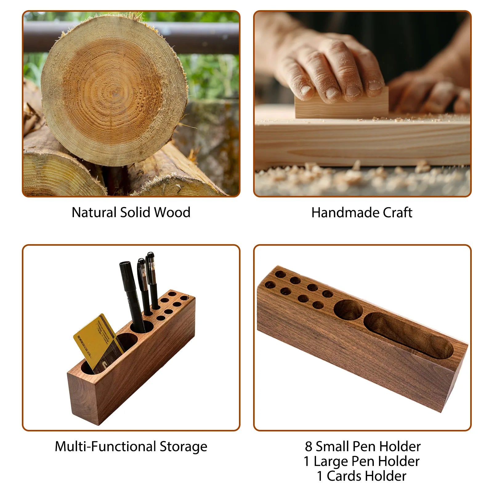 Acacia Wood Desk Pen Holder & Business Card Organizer for Home Office