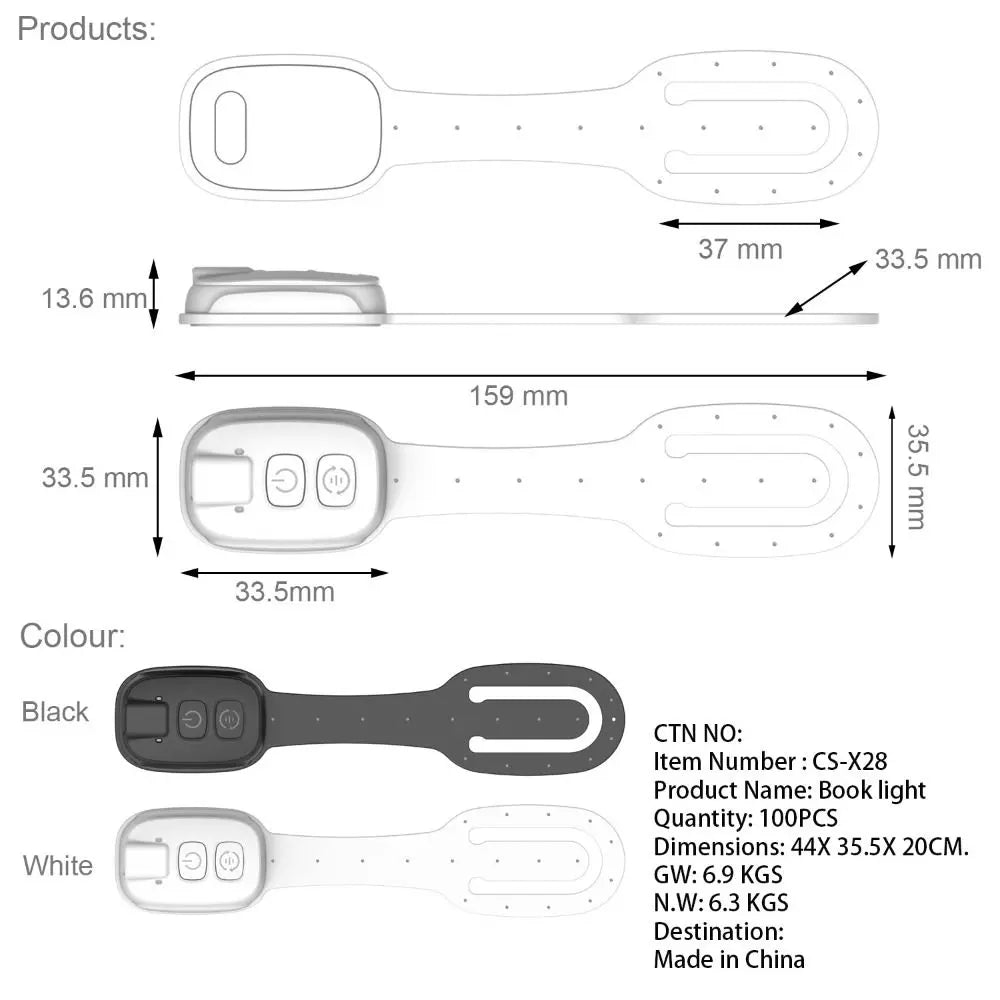 book light size diagram with measurements and black and white color options