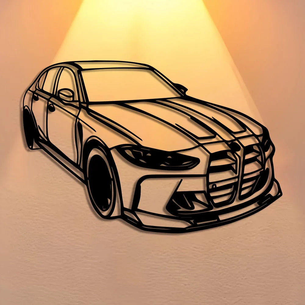 Black metal car wall art displayed under accent lighting