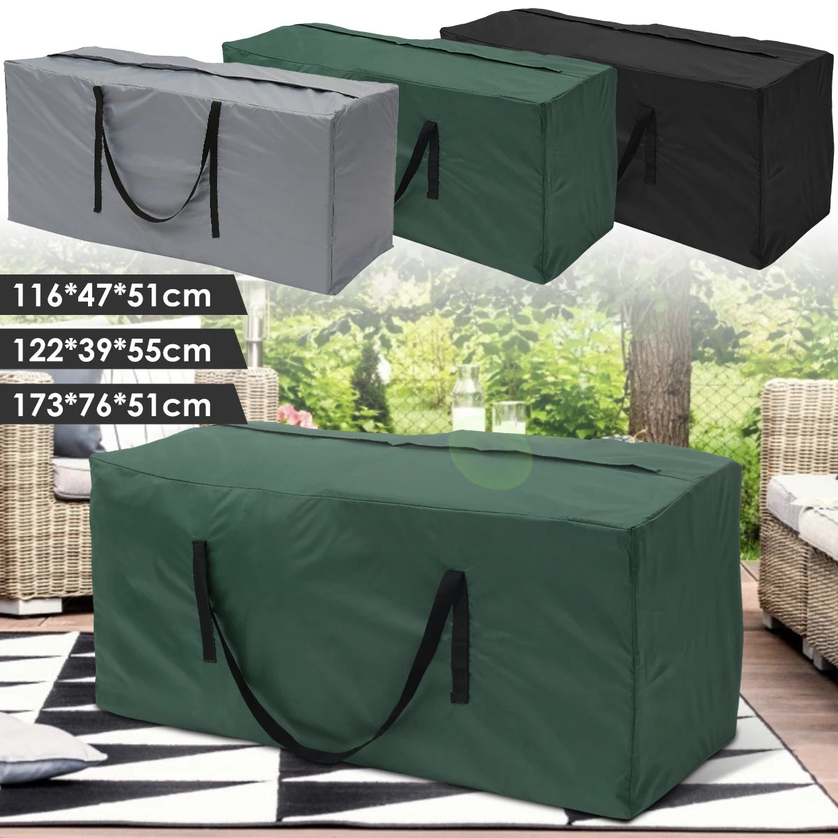 Three sizes and colors of rectangular outdoor cushion storage bags shown on a patio