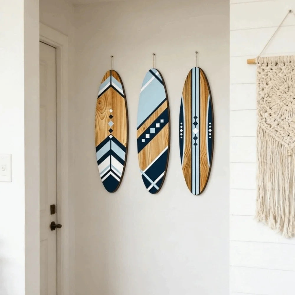 Makani Set of 3 Wooden Surfboard Wall Decor in Blue & Natural for Nautical Beach House Entryway or Bathroom