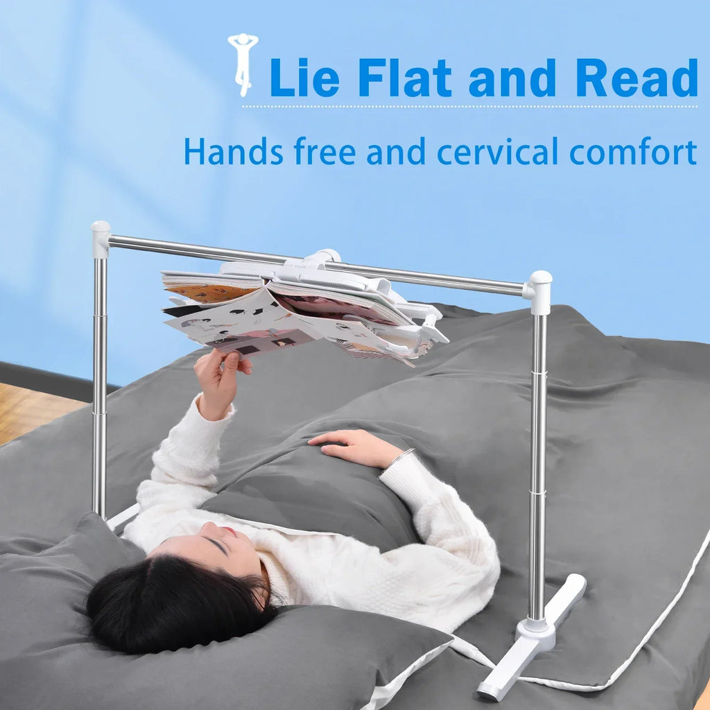 Person reading a magazine hands-free while lying flat using the book stand